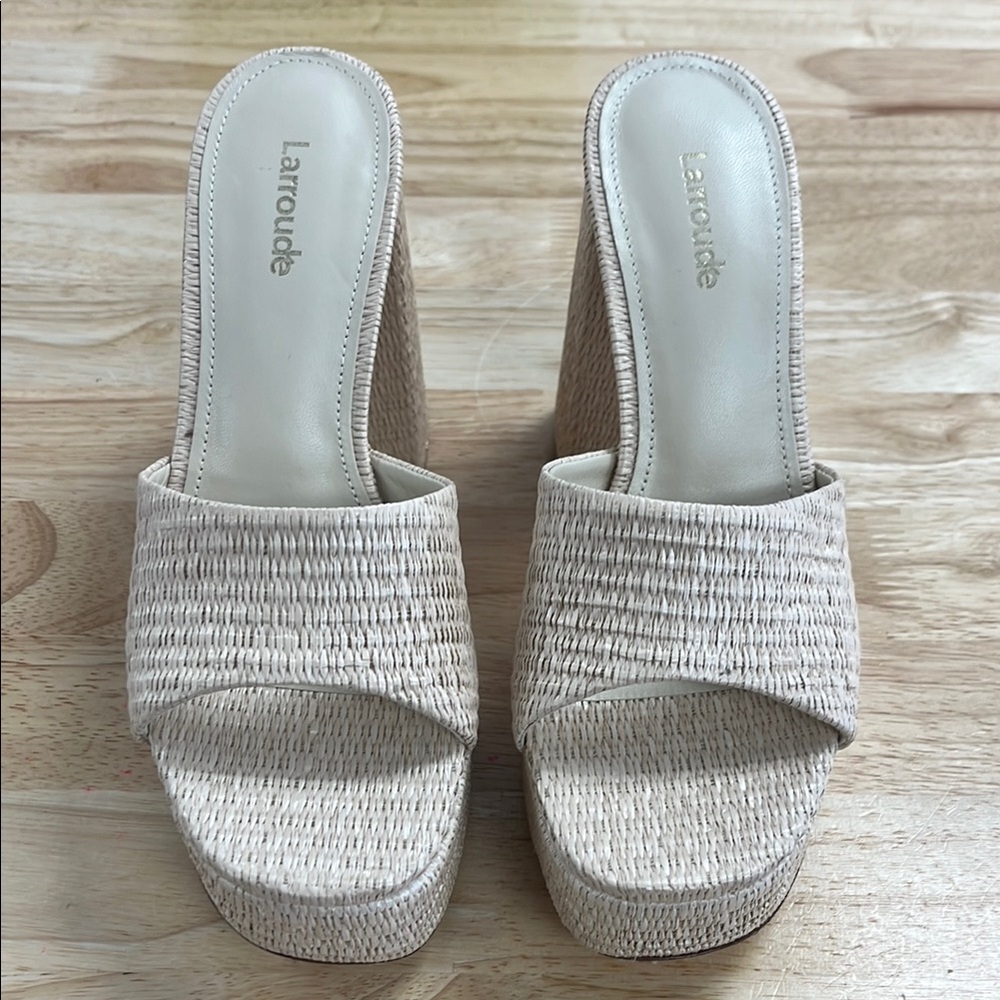 Larroude Cream Woven Wedge Sandals